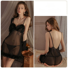 Feather Trim Sheer Babydoll – Red & Black