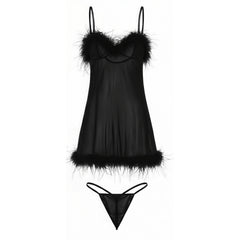 Feather Trim Sheer Babydoll – Red & Black