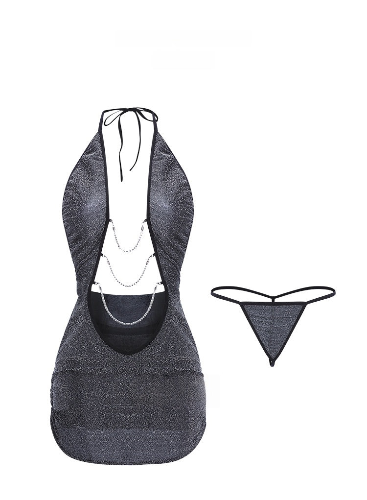 Shimmer Chain Halter Mini Dress – Metallic Black