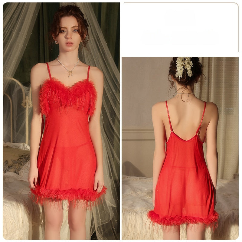 Feather Trim Sheer Babydoll – Red & Black