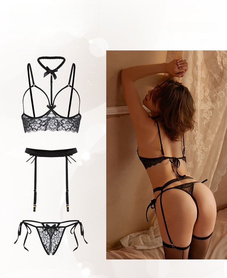Strappy Lace Garter Lingerie Set – Black