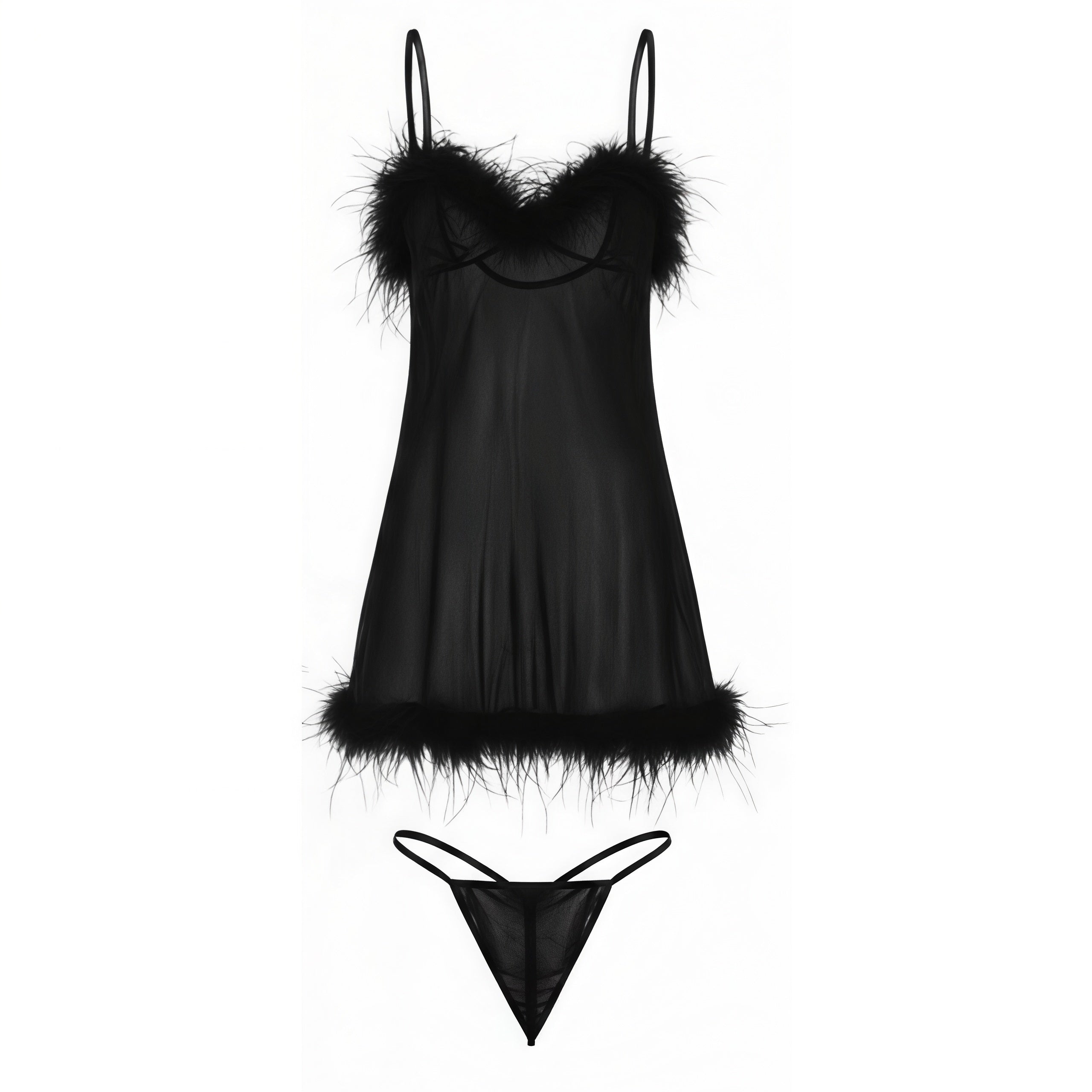 Feather Trim Sheer Babydoll – Red & Black